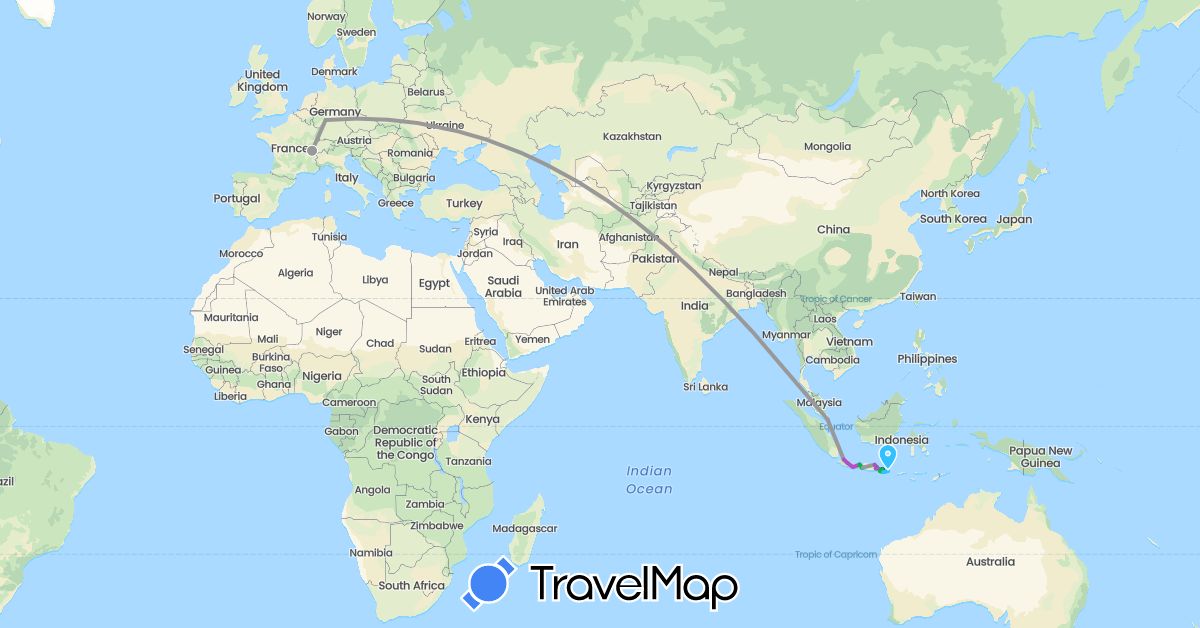 TravelMap itinerary: driving, bus, plane, train, boat in Switzerland, Germany, Indonesia, Singapore (Asia, Europe)